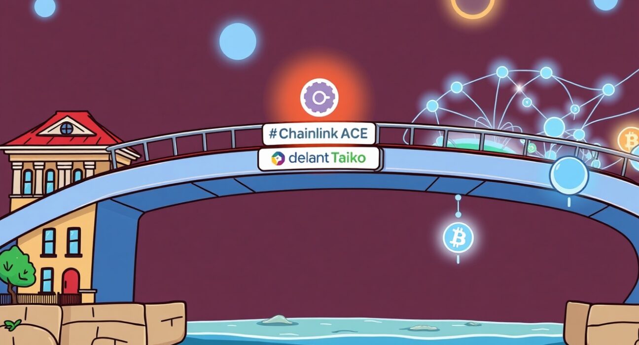 A cartoon image illustrating the secure integration of Taiko and Chainlink ACE to enable compliant RWA tokenization for institutional finance.