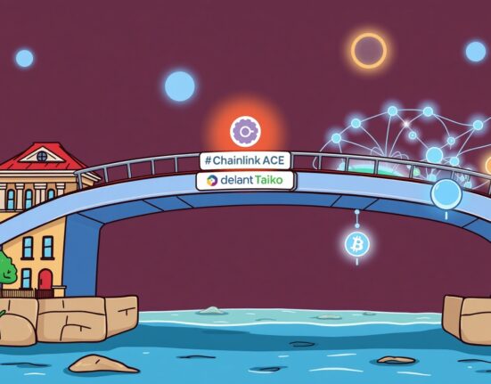 A cartoon image illustrating the secure integration of Taiko and Chainlink ACE to enable compliant RWA tokenization for institutional finance.