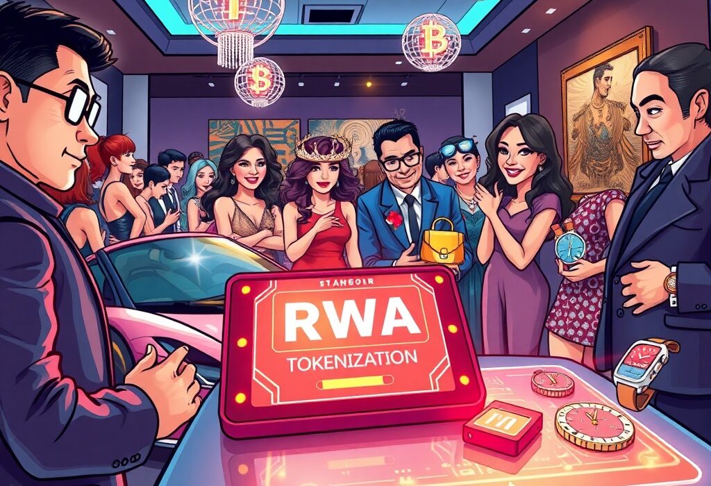A cartoon illustration showing the innovative application of RWA tokenization in a luxury setting, with blockchain elements enhancing high-value items.