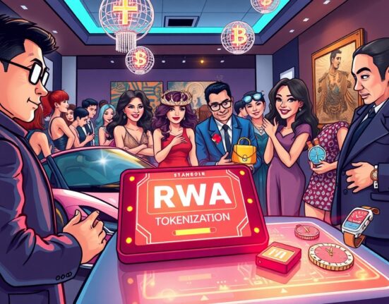 A cartoon illustration showing the innovative application of RWA tokenization in a luxury setting, with blockchain elements enhancing high-value items.
