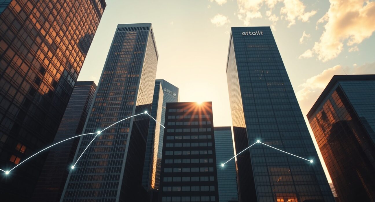 Modern city skyline with digital blockchain overlay representing real-world asset tokenization growth