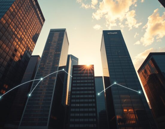 Modern city skyline with digital blockchain overlay representing real-world asset tokenization growth