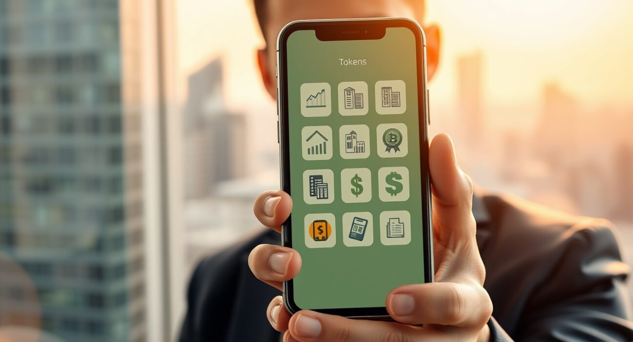 Investor holding smartphone displaying RWA token icons including stocks, bonds, real estate, and collectibles