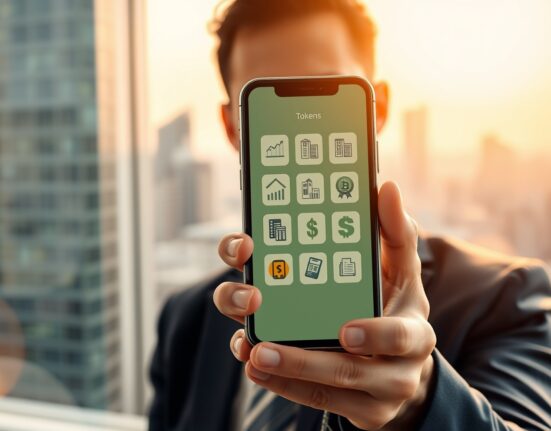 Investor holding smartphone displaying RWA token icons including stocks, bonds, real estate, and collectibles