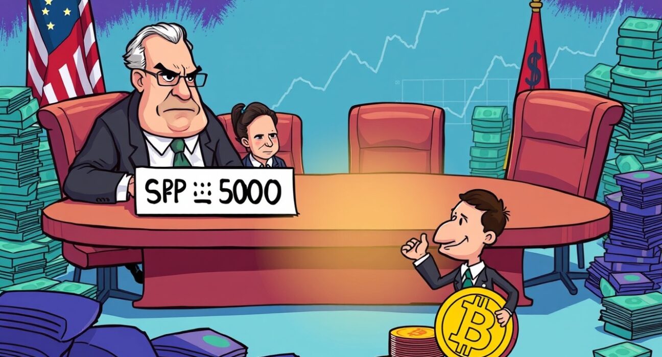 A cartoon image illustrating the S&P 500 Index Committee's cautious approach to a company with a S&P 500 crypto strategy.