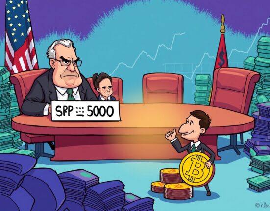 A cartoon image illustrating the S&P 500 Index Committee's cautious approach to a company with a S&P 500 crypto strategy.