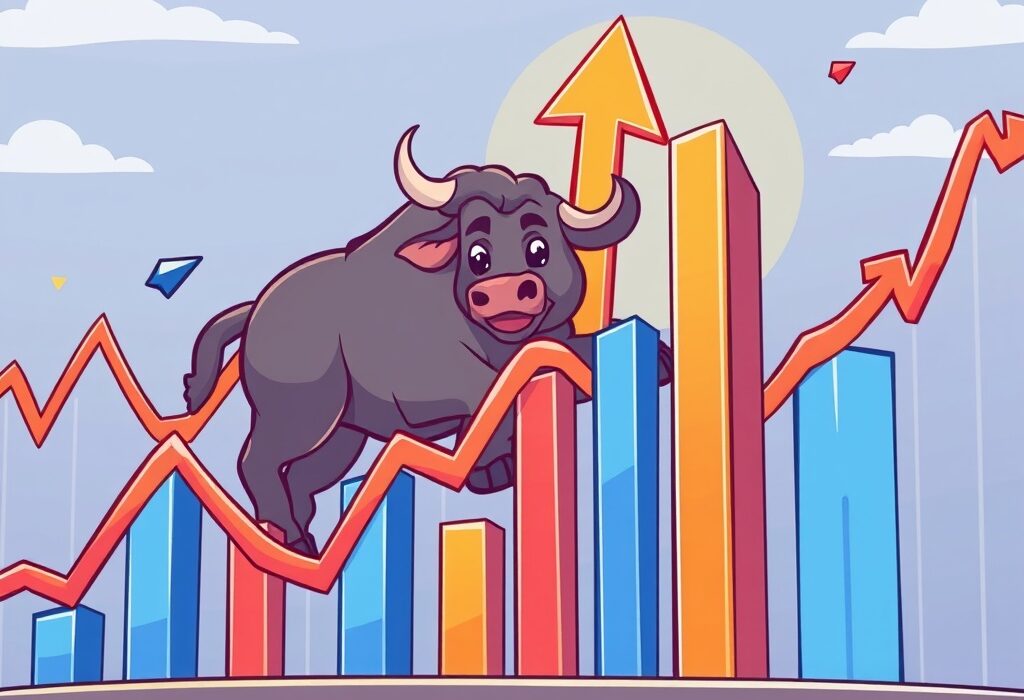 A vibrant cartoon illustration depicting the S&P 500 index reaching new heights, symbolizing market optimism and growth.