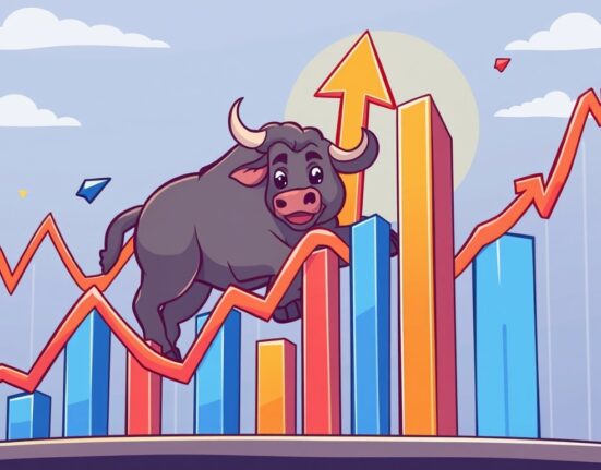 A vibrant cartoon illustration depicting the S&P 500 index reaching new heights, symbolizing market optimism and growth.