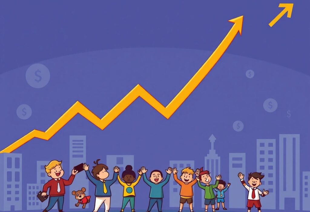 A cartoon illustration showing the S&P 500 index soaring to an all-time high, symbolizing strong market performance and economic growth.