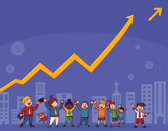 A cartoon illustration showing the S&P 500 index soaring to an all-time high, symbolizing strong market performance and economic growth.