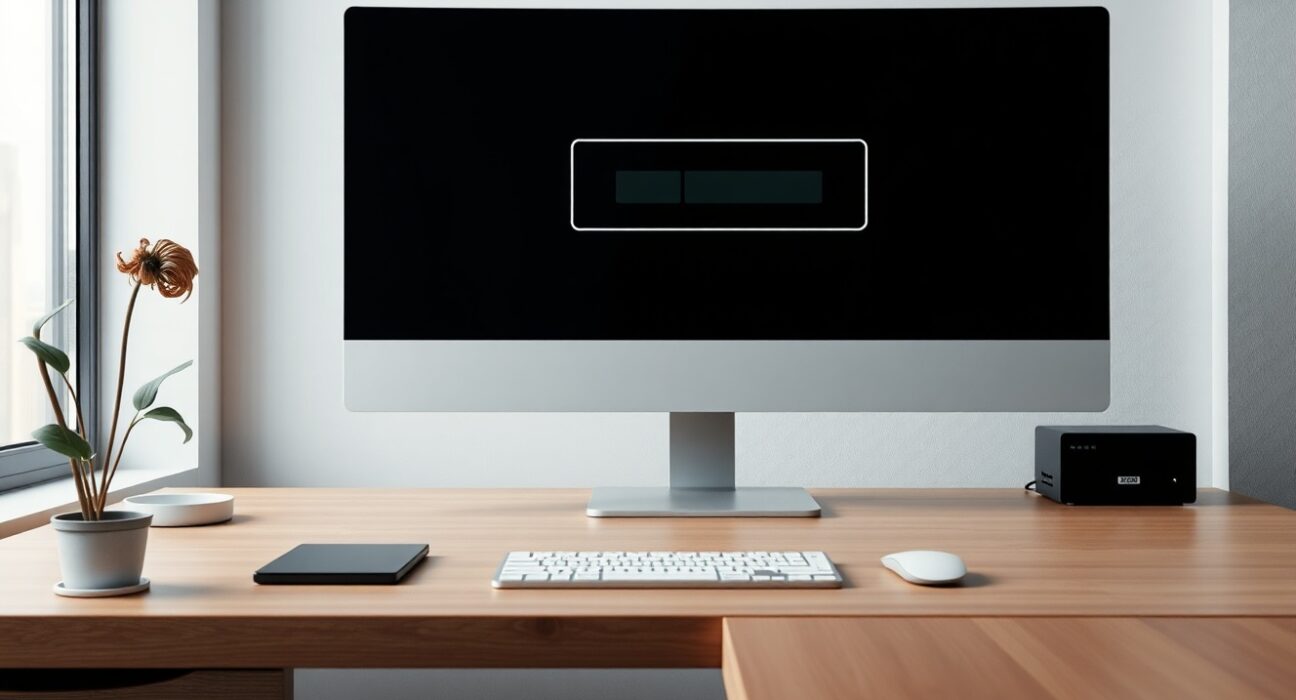Computer monitor displaying a paused symbol on a desk in a dimly lit office, representing Sablier Labs halting development.