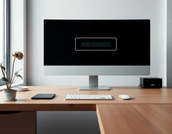 Computer monitor displaying a paused symbol on a desk in a dimly lit office, representing Sablier Labs halting development.