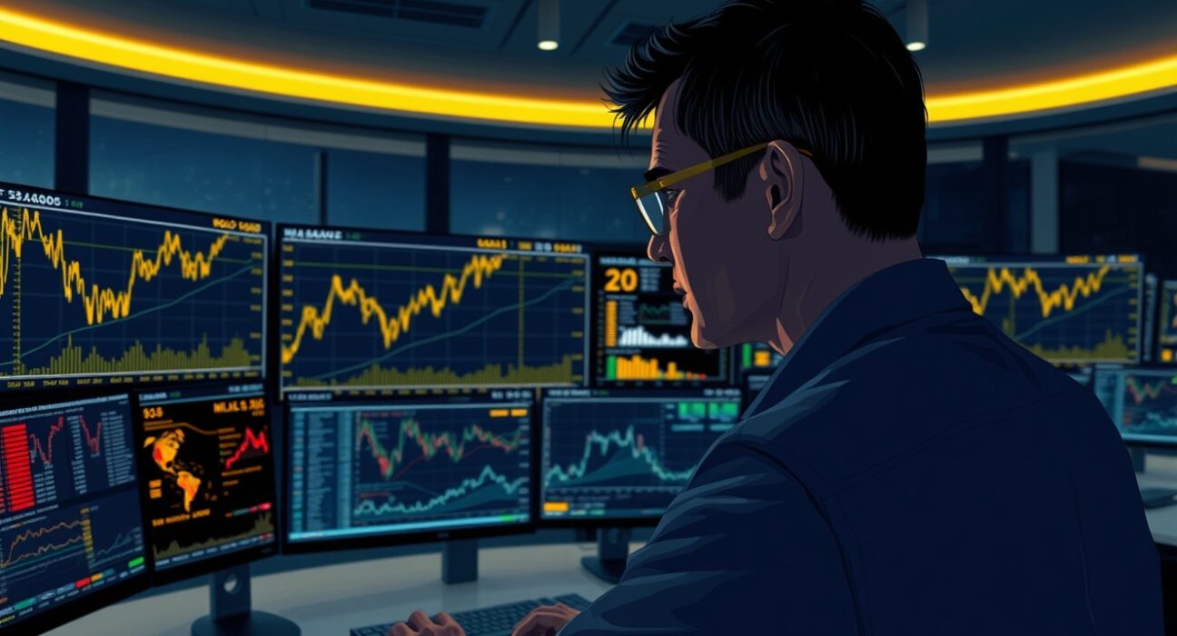 Trader monitors rising gold and US dollar charts during Middle East geopolitical crisis.