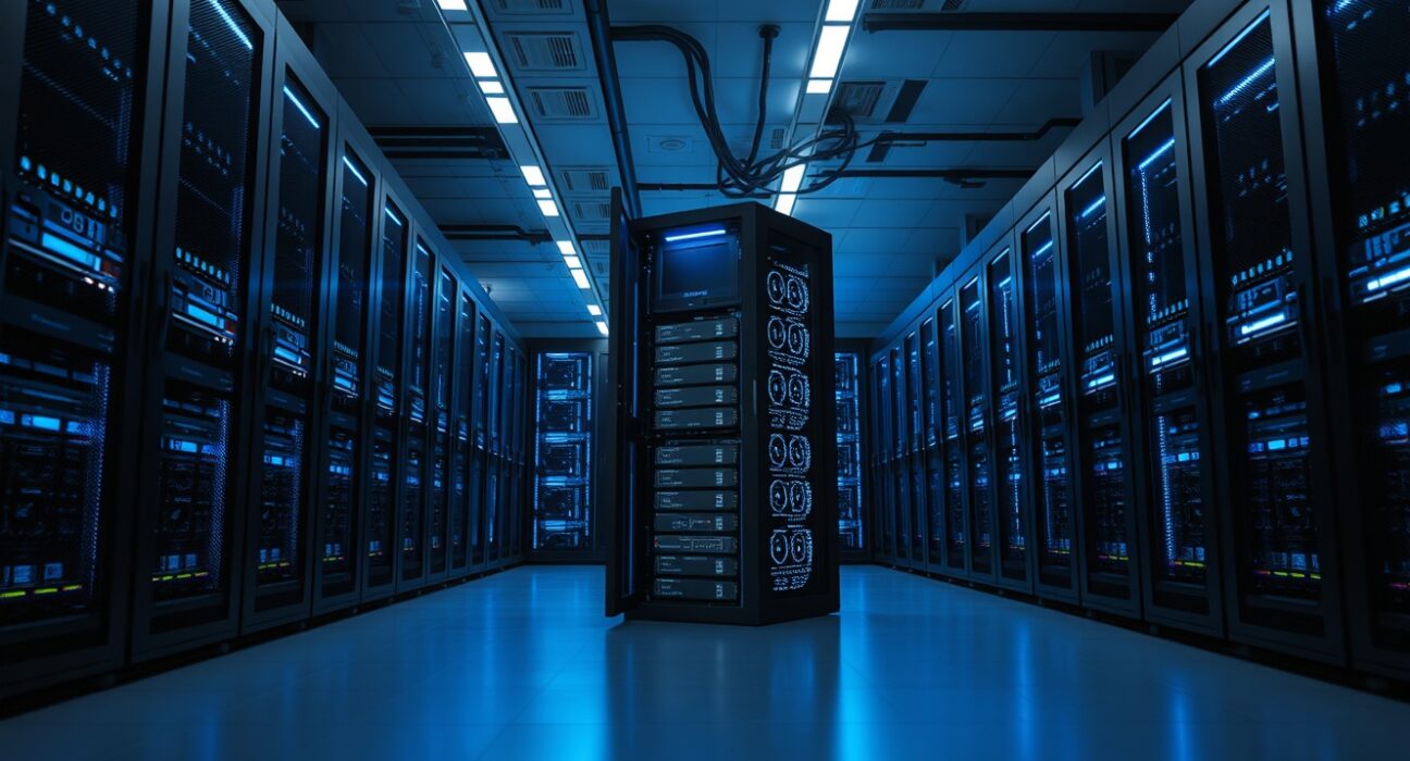 Nvidia GPU servers in a data center, representing the compute partnership with Safe Superintelligence.