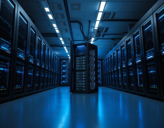 Nvidia GPU servers in a data center, representing the compute partnership with Safe Superintelligence.