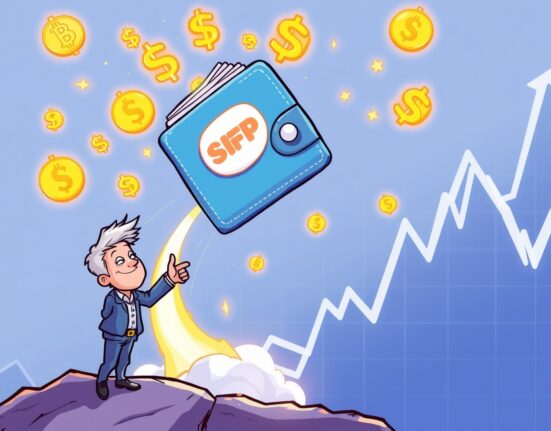 Cartoon illustration depicting SafePal SFP surging dramatically after a key investment announcement, symbolizing its rapid market growth.