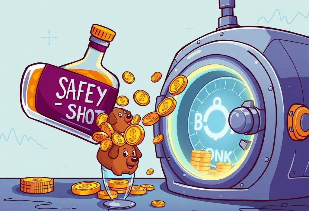 Cartoon illustration showing Safety Shot investing in BONK tokens, building a digital asset treasury.