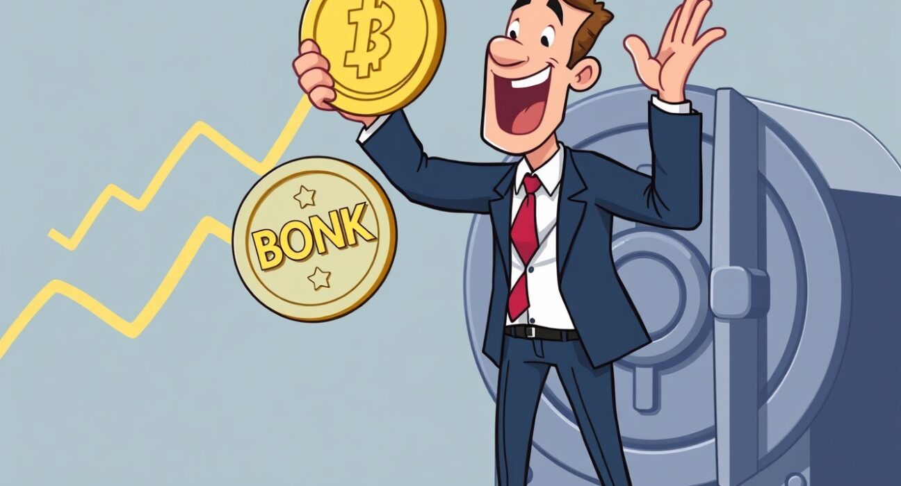 A cartoon illustration of a business person celebrating a significant BONK investment, symbolizing Safety Shot's strategic move into cryptocurrency.
