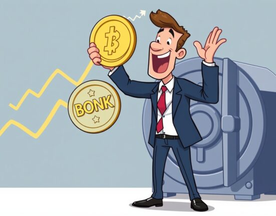 A cartoon illustration of a business person celebrating a significant BONK investment, symbolizing Safety Shot's strategic move into cryptocurrency.