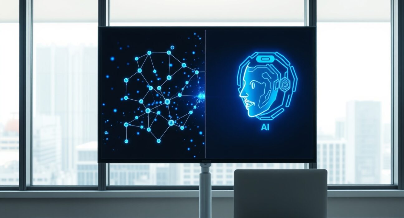 Modern office with digital screen showing blockchain and AI visuals representing Saga's pivot