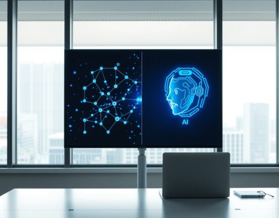 Modern office with digital screen showing blockchain and AI visuals representing Saga's pivot