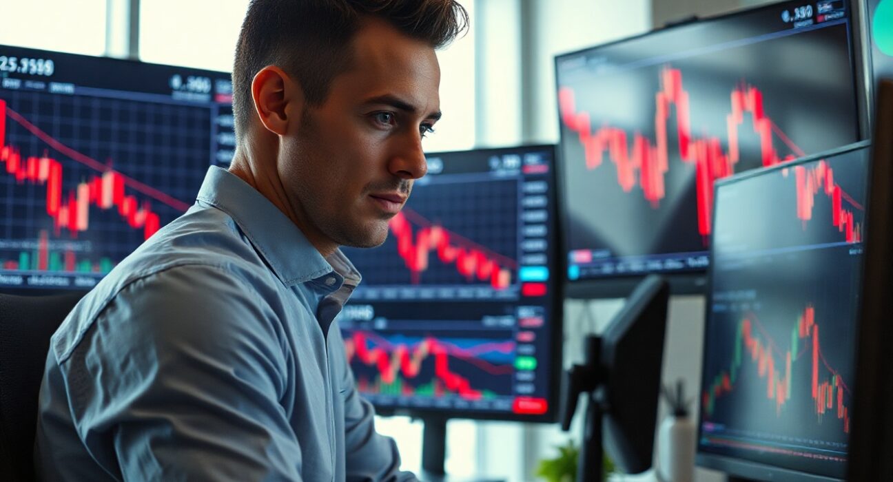 Analyst monitoring cryptocurrency charts showing sharp price decline on multiple screens