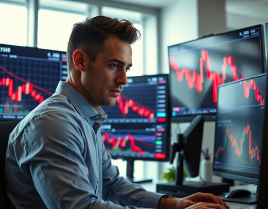 Analyst monitoring cryptocurrency charts showing sharp price decline on multiple screens