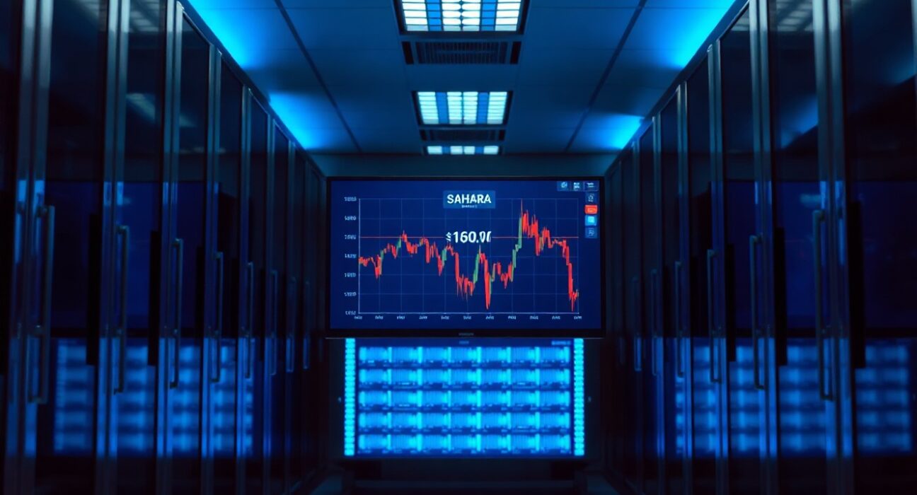Sahara AI server room with a screen showing a falling SAHARA token price chart