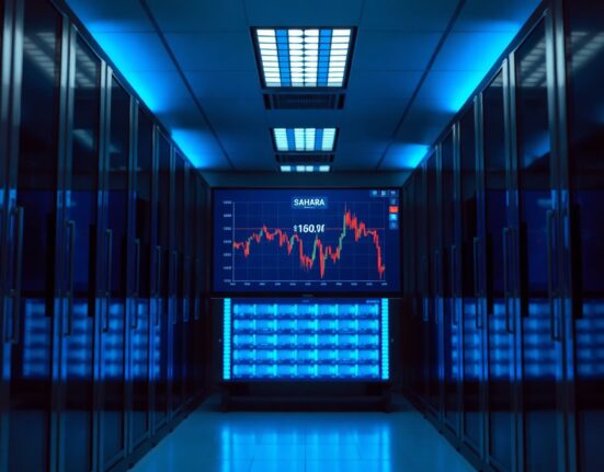 Sahara AI server room with a screen showing a falling SAHARA token price chart