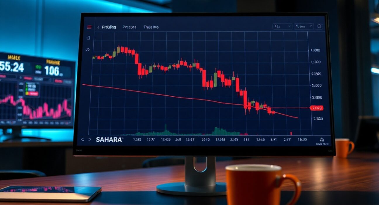 SaharaAI cryptocurrency price chart showing a sharp decline on a trading dashboard in a newsroom setting.