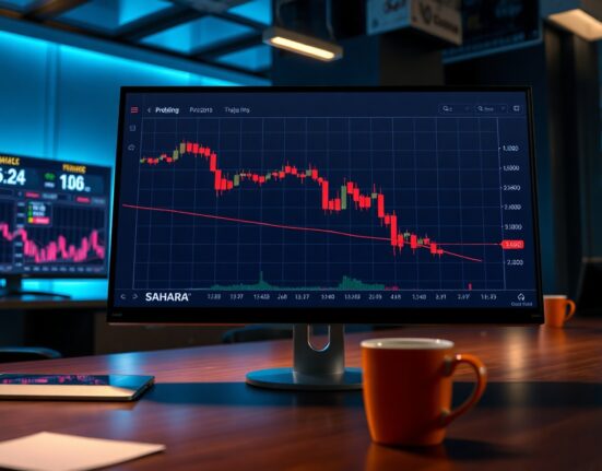 SaharaAI cryptocurrency price chart showing a sharp decline on a trading dashboard in a newsroom setting.