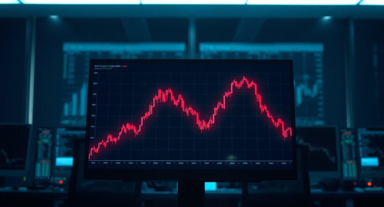 Digital cryptocurrency price chart showing a sharp red decline, representing the SAHARA token crash.