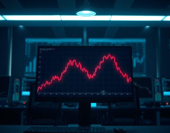 Digital cryptocurrency price chart showing a sharp red decline, representing the SAHARA token crash.