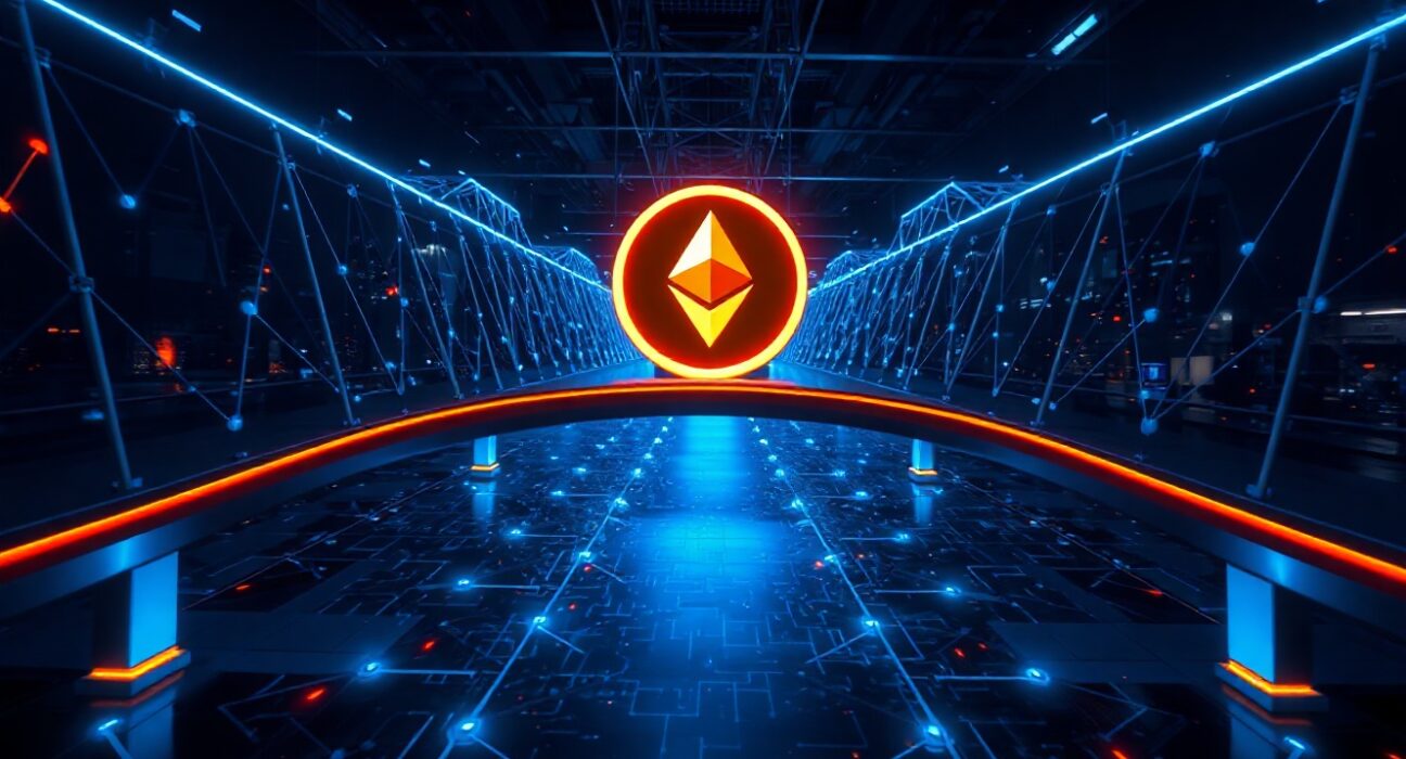 Digital bridge representing SaharaAI's CCIP cross-chain interoperability with SAHARA token symbol glowing above