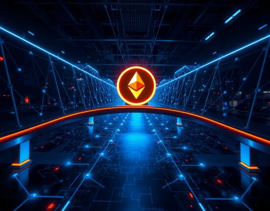Digital bridge representing SaharaAI's CCIP cross-chain interoperability with SAHARA token symbol glowing above