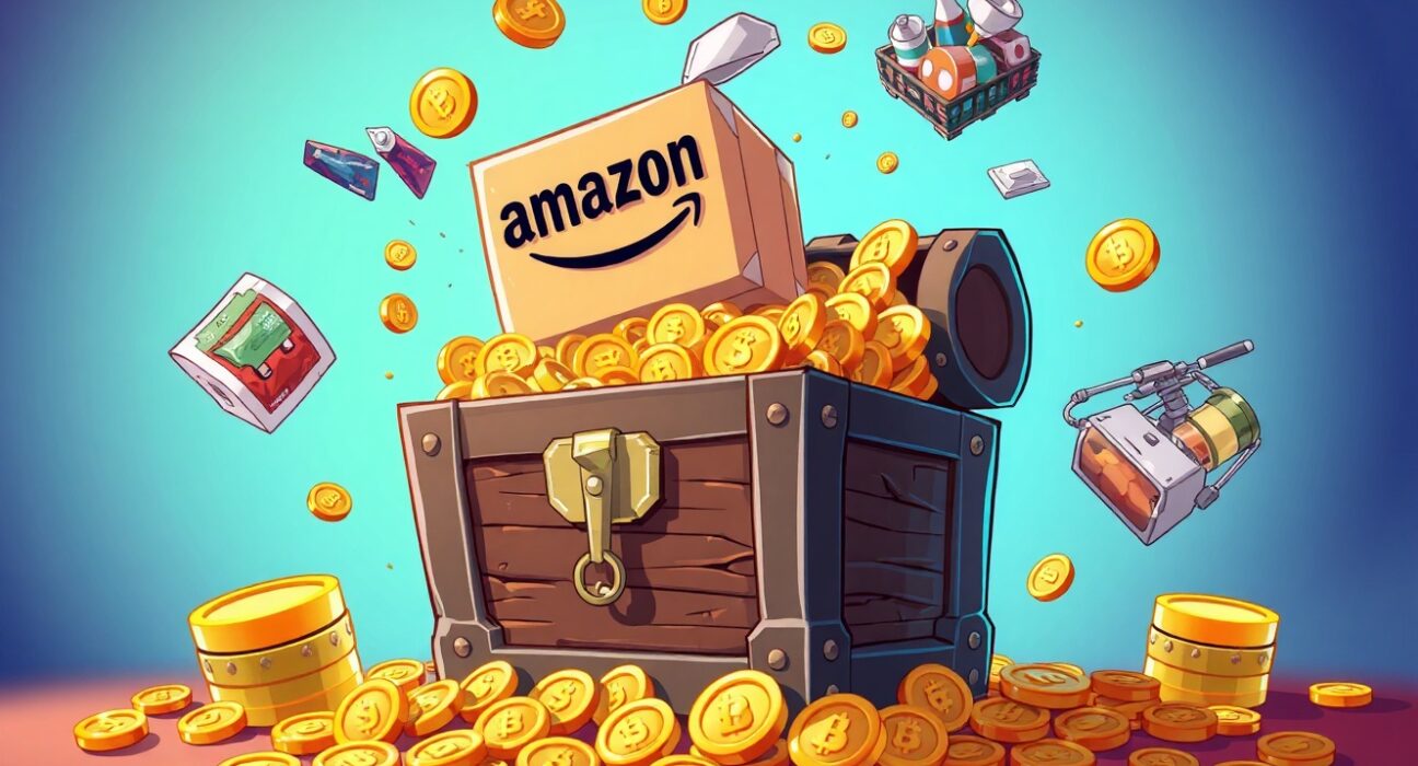 SAIL.r token sale visualized as a treasure chest merging digital tokens with real-world Amazon products.