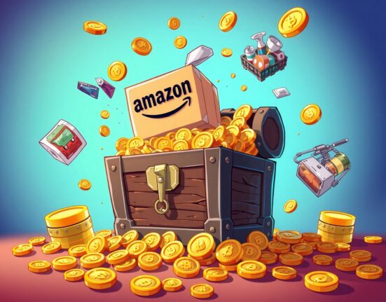 SAIL.r token sale visualized as a treasure chest merging digital tokens with real-world Amazon products.