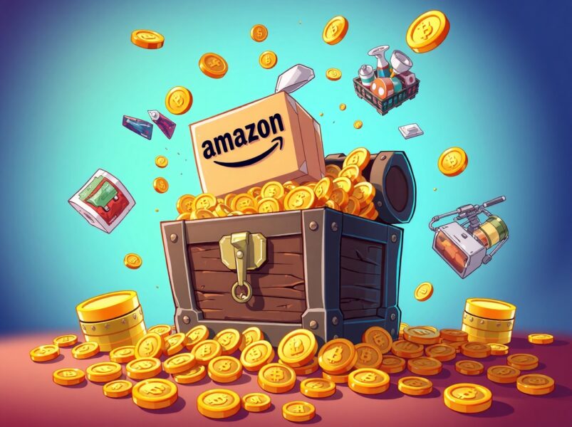 SAIL.r token sale visualized as a treasure chest merging digital tokens with real-world Amazon products.