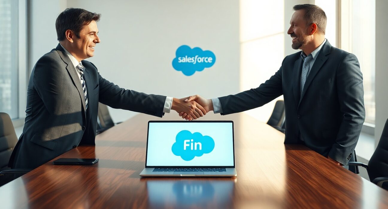 Two business leaders shaking hands in a bright boardroom with an AI interface on a laptop and Salesforce logo in background