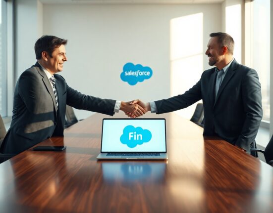 Two business leaders shaking hands in a bright boardroom with an AI interface on a laptop and Salesforce logo in background