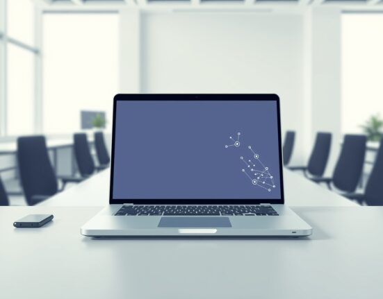 Salesforce Slack AI update featuring the new intelligent Slackbot interface on a laptop in a modern office.