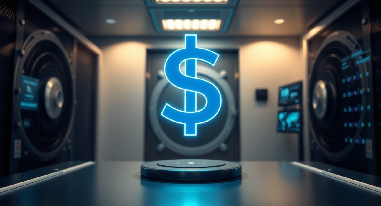 Glowing digital dollar symbol in a secure bank vault representing stablecoin payments and institutional crypto adoption.