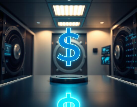 Glowing digital dollar symbol in a secure bank vault representing stablecoin payments and institutional crypto adoption.