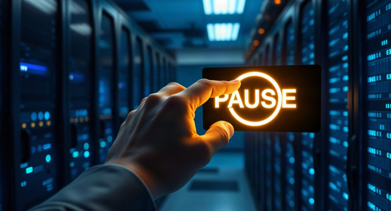 Hand pressing a pause button in a data center, representing AI development slowdown.