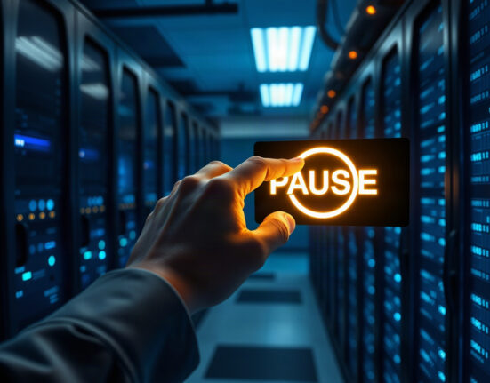 Hand pressing a pause button in a data center, representing AI development slowdown.
