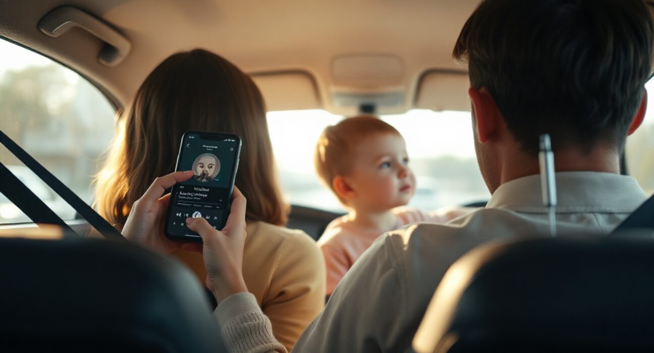 Parent and child in car during morning commute, parent using smartphone with AI podcast app