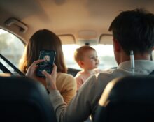 Parent and child in car during morning commute, parent using smartphone with AI podcast app