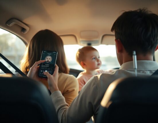 Parent and child in car during morning commute, parent using smartphone with AI podcast app