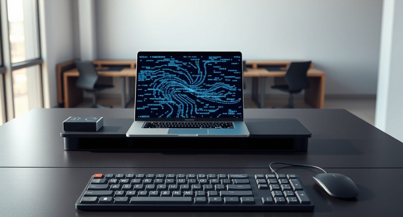 Sam Altman AI layoffs context showing old keyboard and new AI code on laptop screen.