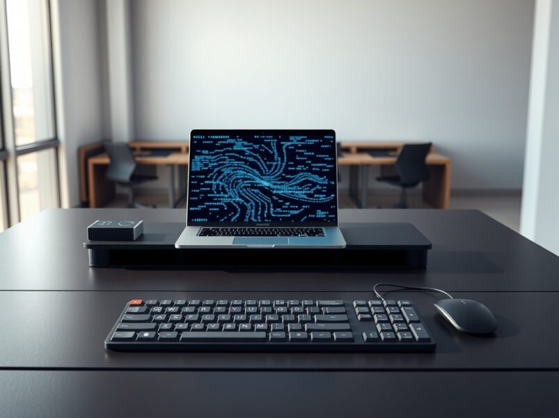 Sam Altman AI layoffs context showing old keyboard and new AI code on laptop screen.